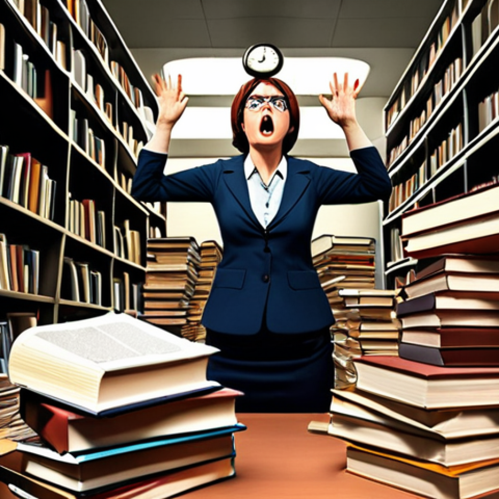 A stressed-out librarian surrounded by towering stacks of books and overflowing paperwork, desperately trying to juggle multiple tasks, with a digital clock showing an alarmingly late hour in the background. The style should be slightly exaggerated and cartoonish to emphasize the feeling of overwhelm, reflecting "Hoge werkdruk" (high workload).