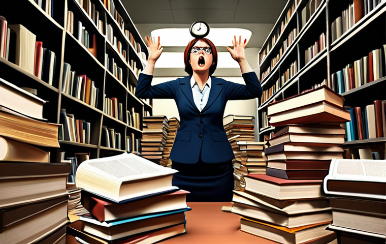 A stressed-out librarian surrounded by towering stacks of books and overflowing paperwork, desperately trying to juggle multiple tasks, with a digital clock showing an alarmingly late hour in the background. The style should be slightly exaggerated and cartoonish to emphasize the feeling of overwhelm, reflecting "Hoge werkdruk" (high workload).
